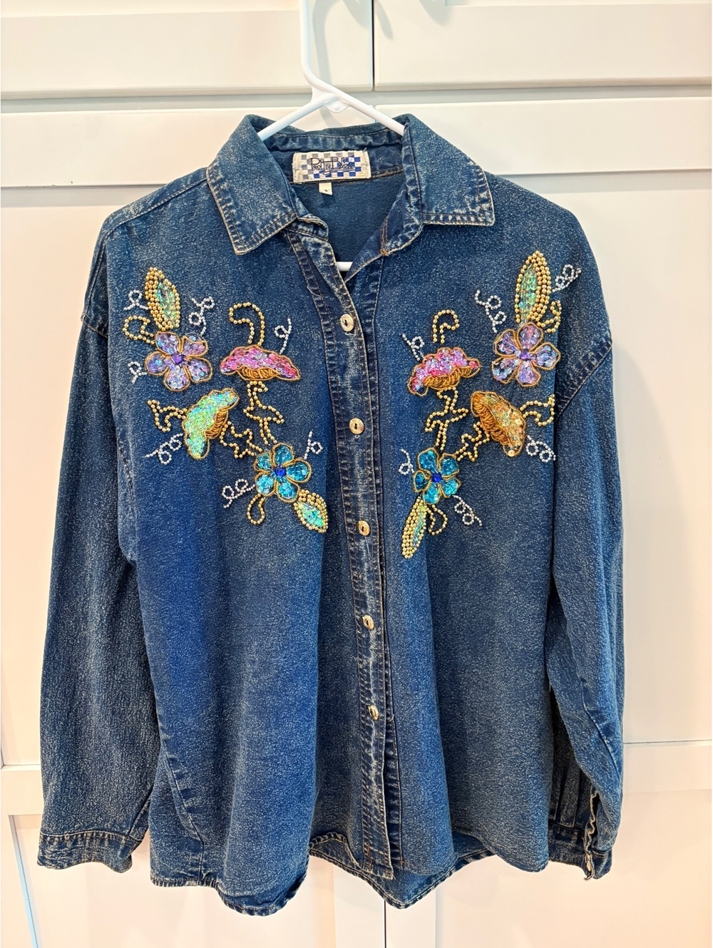80s/90s Vintage Pretty Bleu Embellished Denim Shirt, tag says Sm I’d say M